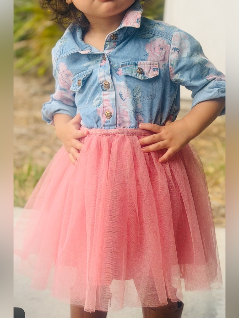 Floral Denim Jacket with Pink Tulle Skirt Set